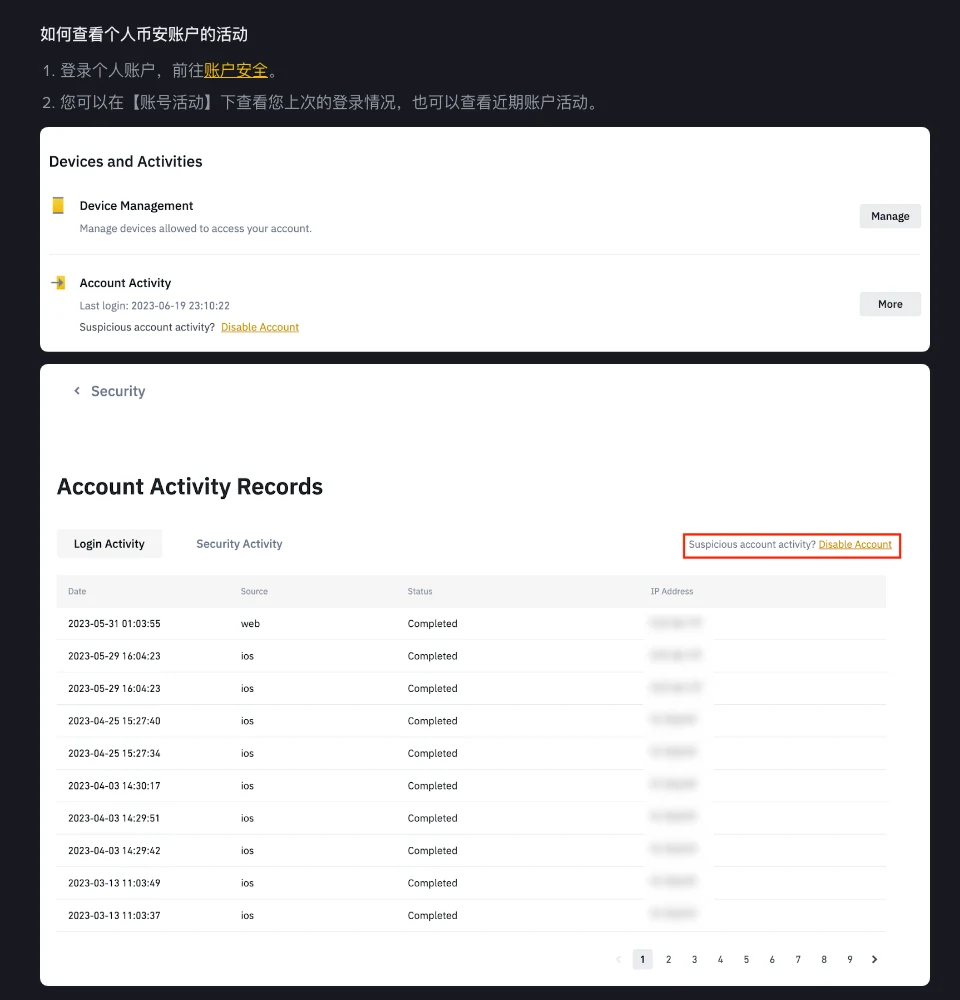 币安官方博客《如果您的账户泄露该怎么办》中“如何查看个人币安账户的活动”一节的截图:Account Activity Records 页面有 Login Activity 和 Security Activity 两个标签,登录记录按日期、来源、状态和 IP 地址列出,右上角有 Suspicious account activity? Disable Account 链接