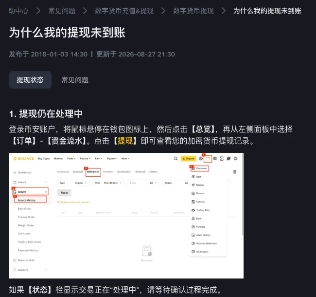 币安帮助中心《为什么我的提现未到账》页面截图,标题下方标注更新于 2026-08-27,正文第一节“提现仍在处理中”说明从钱包图标进入总览、订单、资金流水、提现查看记录,配有资金流水页面的操作示意图